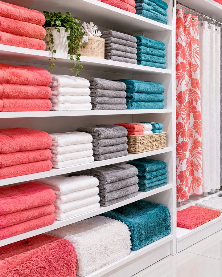 Toallas de colores y cortinas de baño