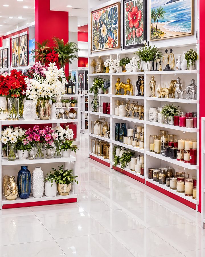 Lámparas, jarrones y flores decorativas