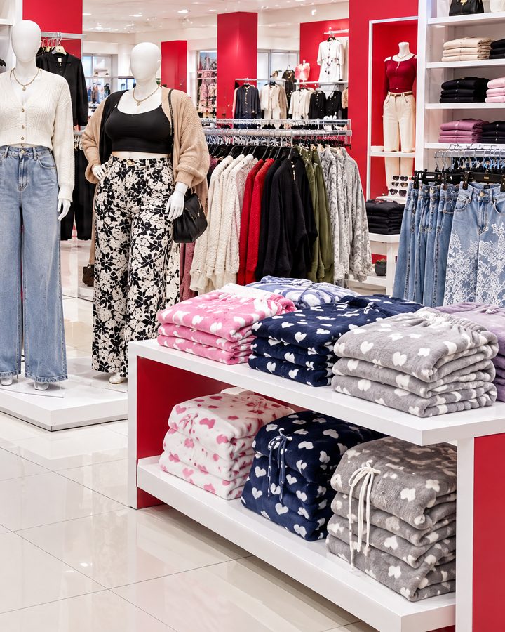 Pijamas de fleece dobladas en mesas