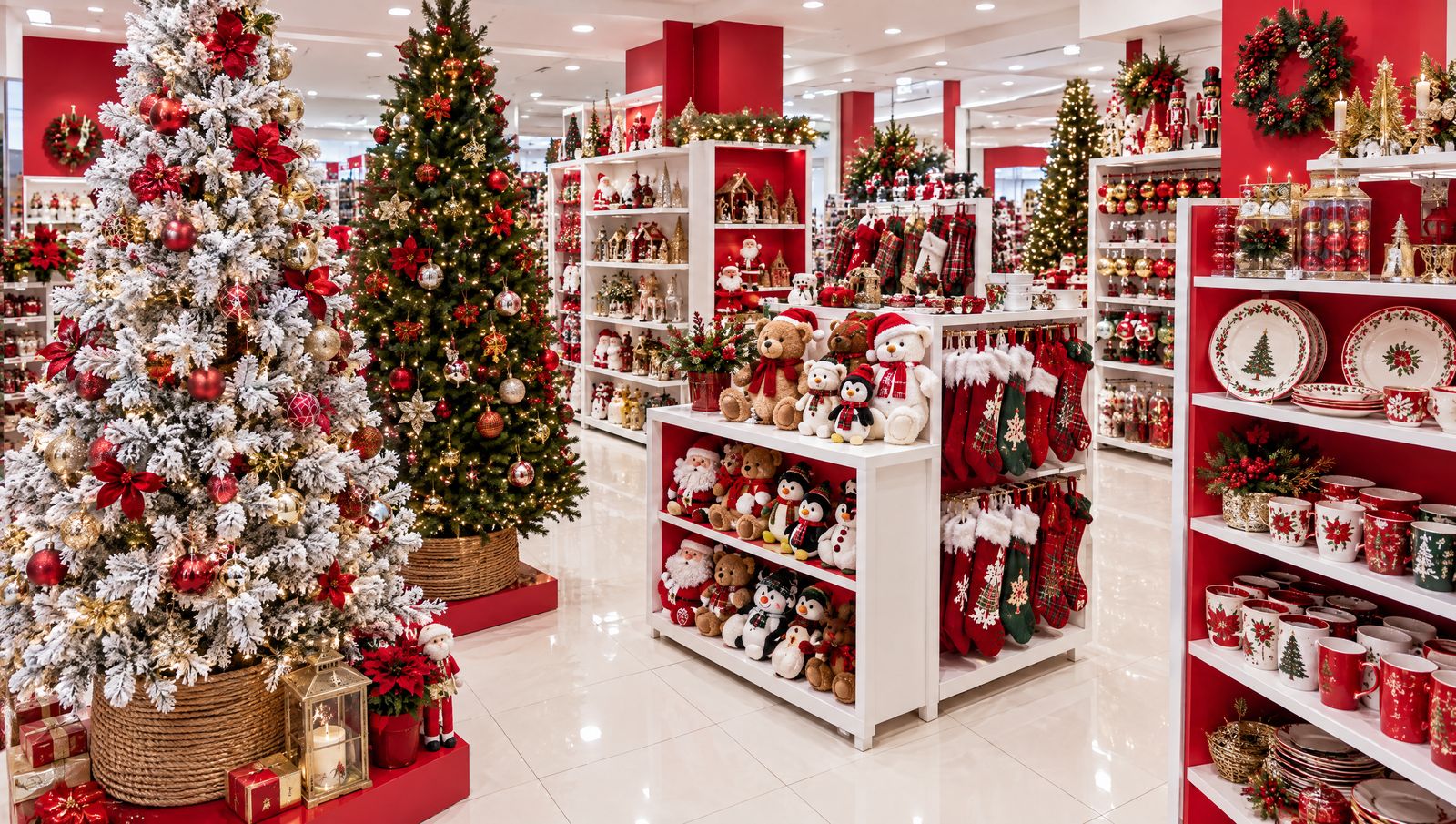 Sección de Navidad con árboles decorados, peluches y vajilla navideña